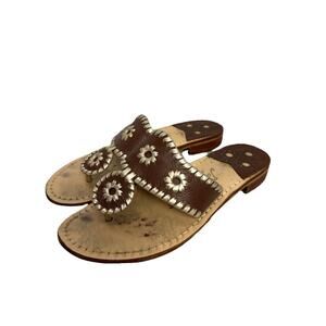 Jack Rogers Sandals Metallic Silver Brown Thong Slip On Leather Size 6
